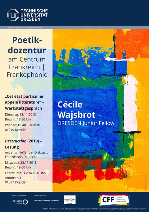 Plakat zur Ankündigung von Werkstattgespräch und Lesung mit der Schriftstellerin und DRESDEN Fellow Cécile Wajsbrot im November 2018 am CFF an der TU Dresden