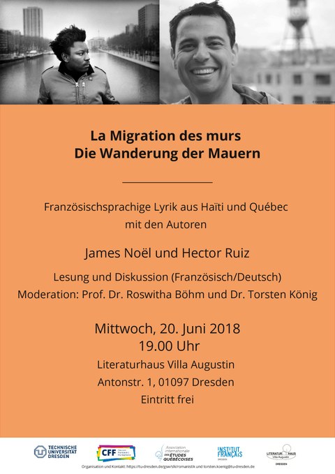 Plakat zur Ankündigung der Lesung "La migration des murs - Die Wanderung der Mauern. Französischsprachige Lyrik aus Haïti und Québec" mit den Autoren James Noël (Haïti) und Hector Ruiz (Québec) 