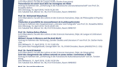 Plakat zur Ankündigung der Gastvorträge der Erasmus+-Gäste aus Marrakech vom 9. bis 13. April 2018 am Centrum Frankreich| Frankophonie an der TU Dresden