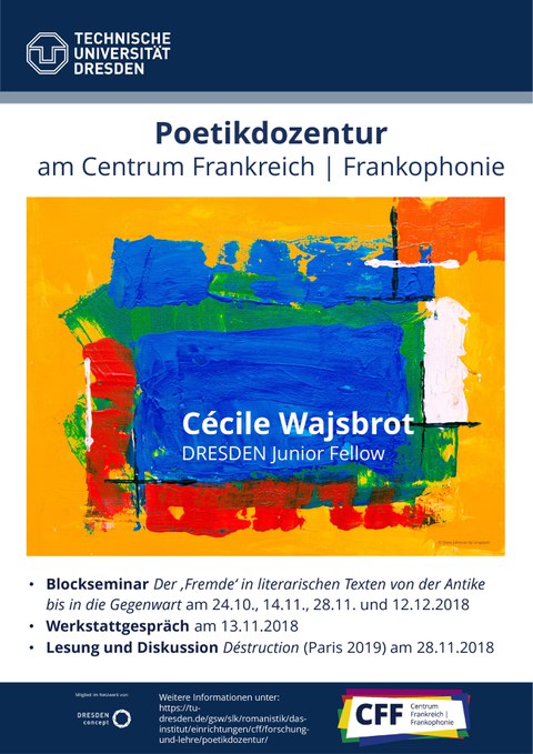 Poster on the occasion of the poetry lectureship held by writer and DRESDEN Fellow Cécile Wajsbrot during the 2018–19 winter semester at TU Dresden.