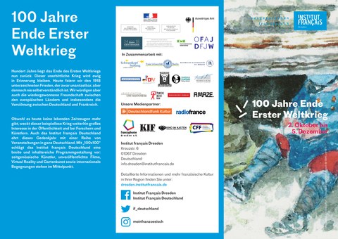 Flyer for the Institut français Dresden’s event series “100 Years Since the End of World War I,” October–December 2018, page 1.