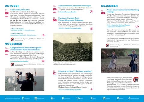 Flyer on the occasion of the Institut français Dresden’s event series “100 Years Since the End of World War I,” October–December 2018, page 2.