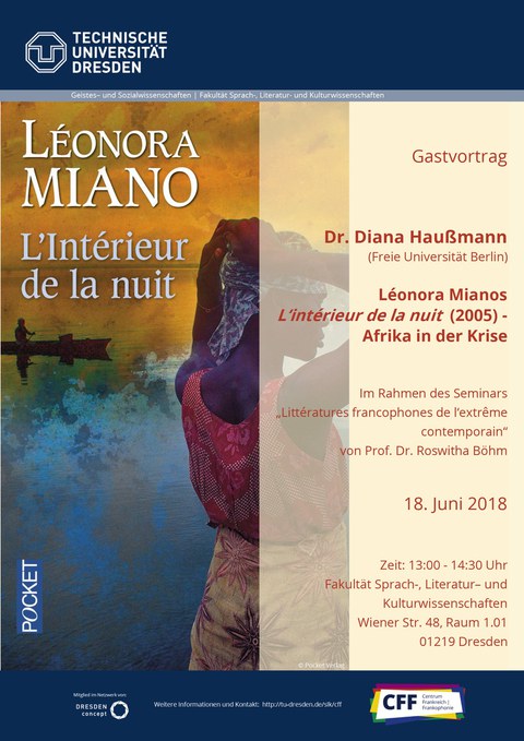 Poster on the occasion of the guest lecture “Léonora Mianos' *L'intérieur de la nuit* (2005) – Africa in Crisis” by Dr. Diana Haußmann (Free University of Berlin) on June 18, 2018.