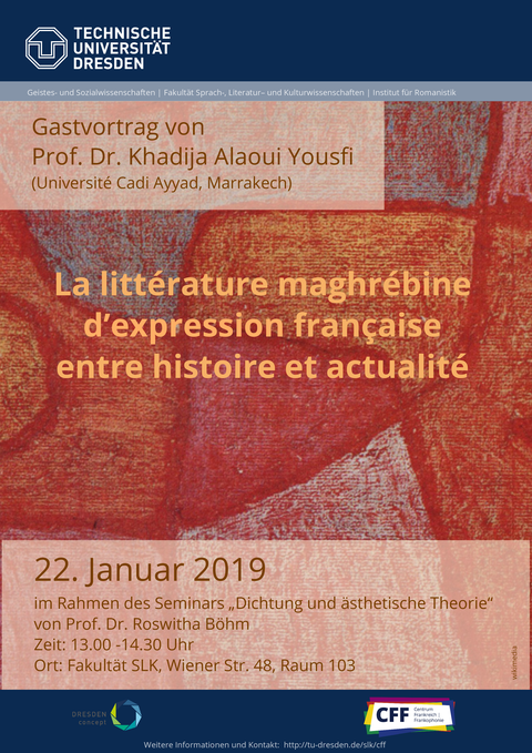 Plakat anlässlich des Gastvortrags von Prof. Dr. Khadija Alaoui Yousfi (Université Cadi Ayyad, Marrakesch) am 22.01.2019.