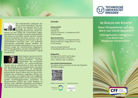Flyer Internationales Colloquium zu Ehren Margarete Zimmermanns "Im Dialog der Künste" am 6. und 7. Juni 2019, Seite 1