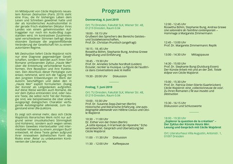 Flyer Internationales Colloquium zu Ehren Margarete Zimmermanns "Im Dialog der Künste" am 6. und 7. Juni 2019, Seite 2