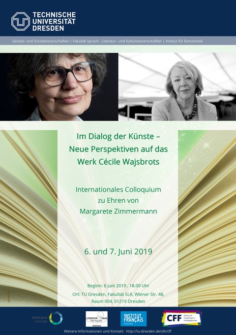 Plakat zur Ankündigung des Internationalen Kolloquiums zu Ehren von Margarete Zimmermann "Im Dialog der Künste - Neue Perspektiven auf das Werk Cécile Wajsbrots" des Centrum Frankreich | Frankophonie der TU Dresden am 6. und 7. Juni 2019