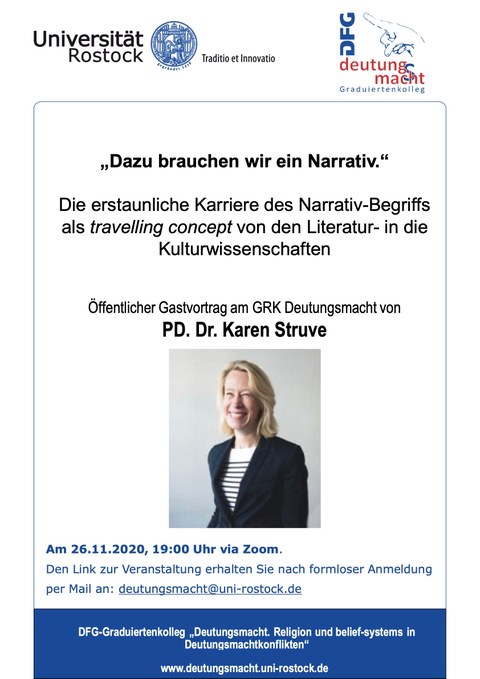 Plakat zur Ankündigung des Gastvortrags von PD Dr. Karen Struve am GRK Deutungsmacht an der Universität Rostock am 26.11.20