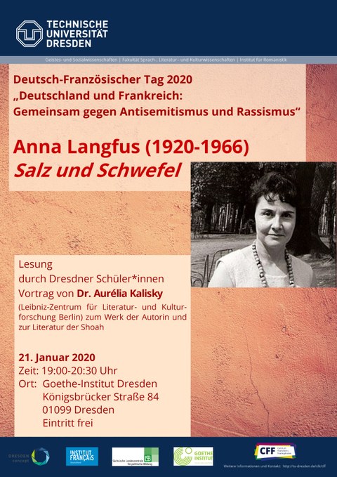 Plakat zur Ankündigung der Veranstaltung anlässlich des Deutsch-Französischen Tages am 21.01.20: "Deutschland-Frankreich: Gemeinsam gegen Antisemitismus und Rassismus" im Goethe-Institut Dresden.