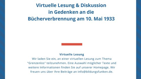 Poster on the occasion of the virtual reading and discussion “Thoughts Are Free...” commemorating the book burning on May 10, 1933, organized by Bildungsfunken e.V. on May 8, 2020.