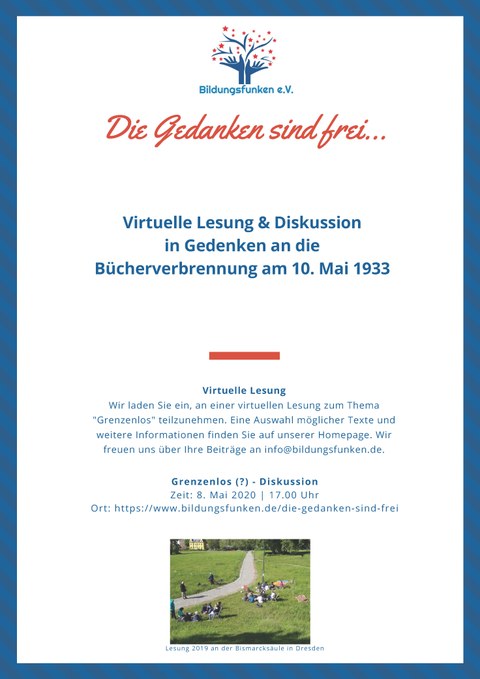 Plakat zur Ankündigung der virtuellen Lesung und Diskussion in Gedenken an die Bücherverbrennung am 10. Mai 1933
