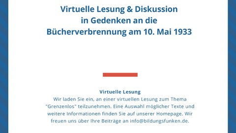 Plakat zur Ankündigung der virtuellen Lesung und Diskussion in Gedenken an die Bücherverbrennung am 10. Mai 1933