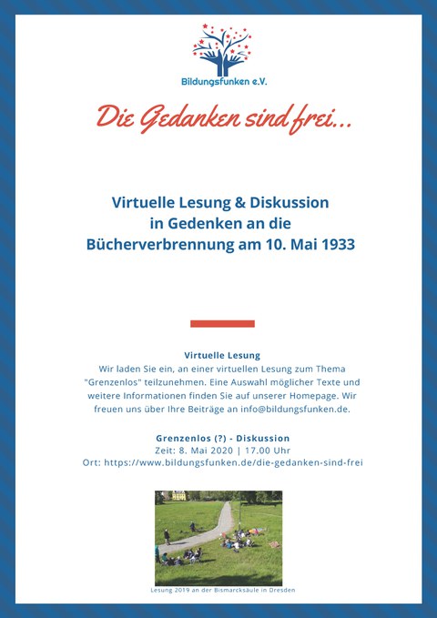 Plakat anlässlich der virtuellen Lesung und Diskussion "Die Gedanken sind frei..." im Gedenken an die Bücherverbrennung am 10. Mai 1933, organisiert von Bildungsfunken e.V. am 08.05.2020.