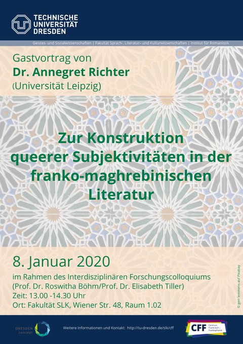 Poster on the occasion of the lecture by Dr. Annegret Richter (University of Leipzig) titled “On the Construction of Queer Subjectivities in Franco-Maghreb Literature,” held on January 8, 2020, at TU Dresden.