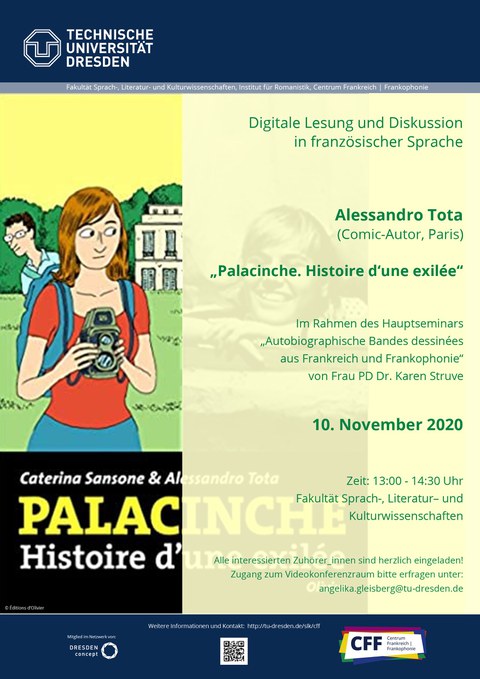 Plakat zur Ankündigung der Digitalen Lesung und Diskussion in französischer Sprache des Comic-Autors Alessandro Tota am 10.11.2020 im Rahmen des Hauptseminars von PD Dr. Karen Struve zu Bandes dessinées im Wintersemester 2020/21, TU Dresden, CFF