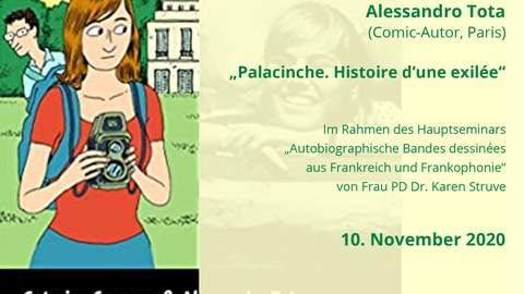 Plakat zur Ankündigung der Digitalen Lesung und Diskussion in französischer Sprache des Comic-Autors Alessandro Tota am 10.11.2020 im Rahmen des Hauptseminars von PD Dr. Karen Struve zu Bandes dessinées im Wintersemester 2020/21, TU Dresden, CFF