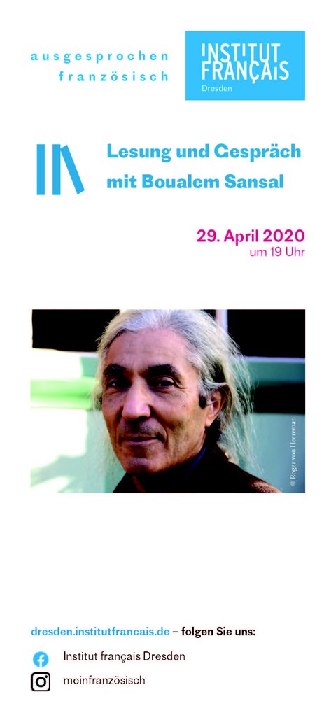 Flyer zur Lesung Boualem Sansal am 29.04.20