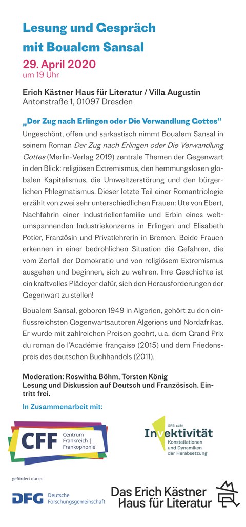 Flyer anlässlich der geplanten Lesung von Boualem Sansal am 29.04.2020 im Institut Institut français Dresden, Seite 2