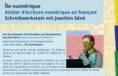 Plakatausschnitt zur Ankündigung der französischen Schreibwerkstatt mit Joachim Séné am 20. Mai und 3. Juni 2021