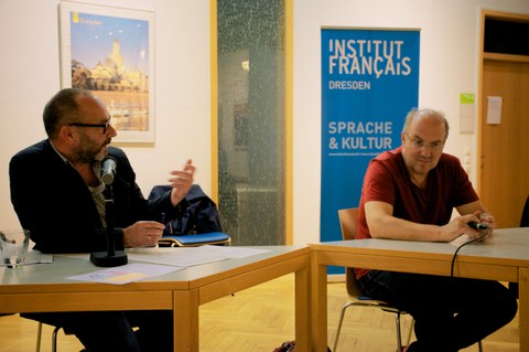 Foto 12 anlässlich der Lesung "Die Flüchtigen" - Alain Damasio und Milena Adam im Gespräch am 15.09.2021 im Goethe-Institut Dresden.