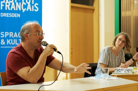 Foto 30 anlässlich der Lesung "Die Flüchtigen" - Alain Damasio und Milena Adam im Gespräch am 15.09.2021 im Goethe-Institut Dresden.