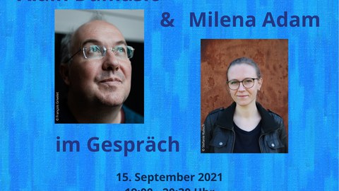 Plakat zur Ankündigung der Lesung "Die Flüchtigen" - Alain Damasio und Milena Adam im Gespräch am 15. September 2021 in Dresden