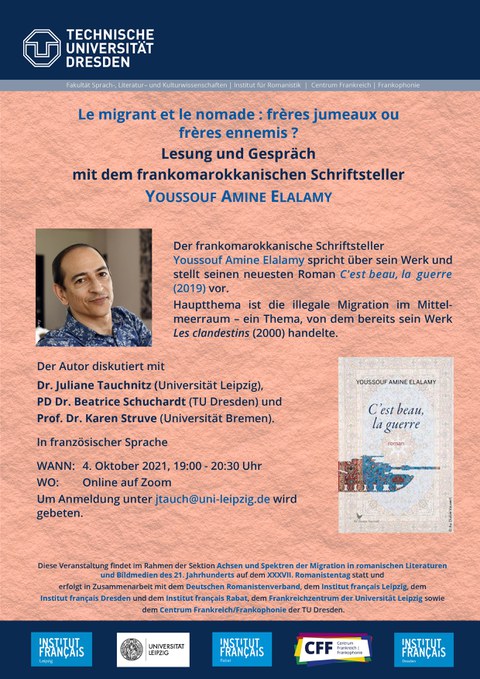 Plakat anlässlich von Online-Lesung und Gespäch mit dem frankomarokkanischen Schriftsteller Youssouf Amine Elalamy im Rahmen des XXXVII. Romanistentages am 04.10.2021.