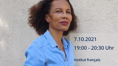 Plakat anlässlich der Lesung "Sanfte Debakel" – Lesung & Diskussion mit Yanick Lahens (Haiti) am 07.10.2021 im Institut français Dresden.