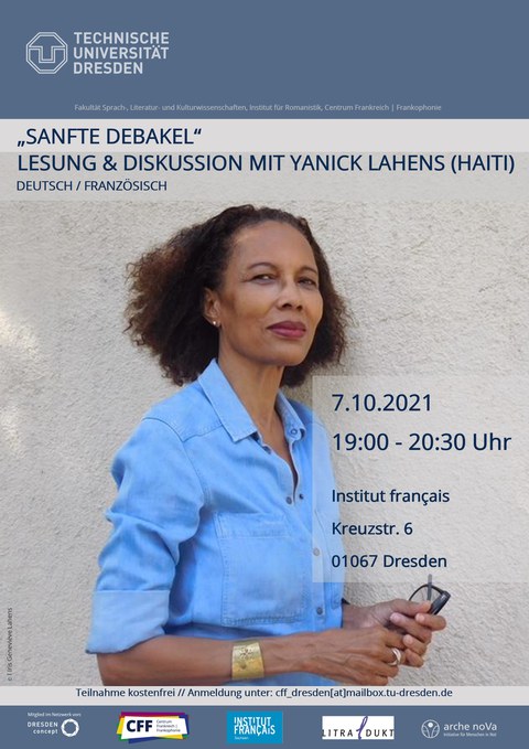 Plakat anlässlich der Lesung "Sanfte Debakel" – Lesung & Diskussion mit Yanick Lahens (Haiti) am 07.10.2021 im Institut français Dresden.