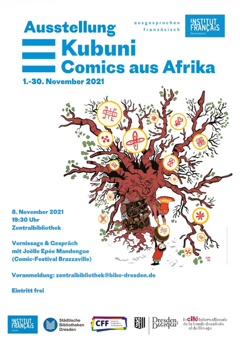 Plakat zur Ankündigung von Ausstellung und Gespräch "Kubuni - Comics aus Afrika" im November 2021, Zentralbibliothek Dresden