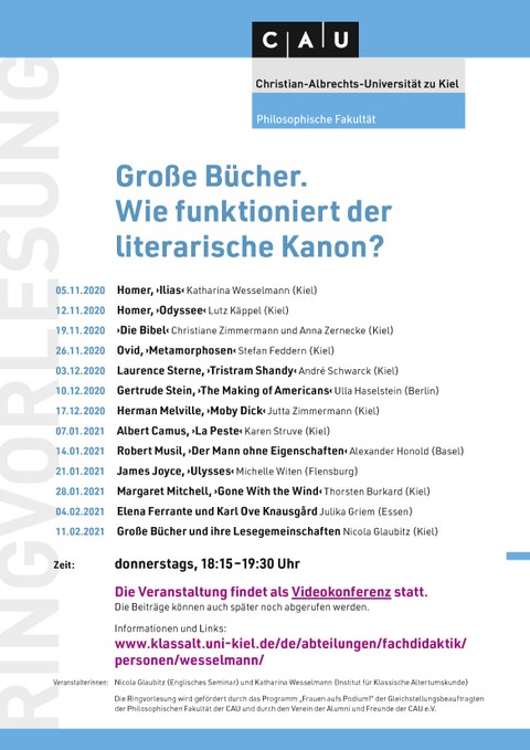 Plakat mit dem Programm der Ringvorlesung "Große Bücher. Wie funktioniert der literarische Kanon?" im Wintersemester 2020/21 an der Christian-Albrechts-Universität zu Kiel
