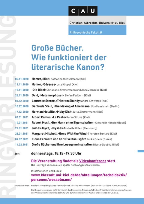 Affiche présentant le programme du cycle de conférences « Les grands livres. Comment fonctionne le canon littéraire ? » au semestre d'hiver 2020/21 à l'université Christian-Albrechts de Kiel
