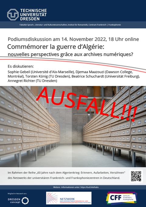 Poster on the occasion of the (online) panel discussion “Commemorating the Algerian War: New Perspectives Thanks to Digital Archives,” organized by the Network of University Centers for French and Francophone Studies in Germany on November 14, 2022.
