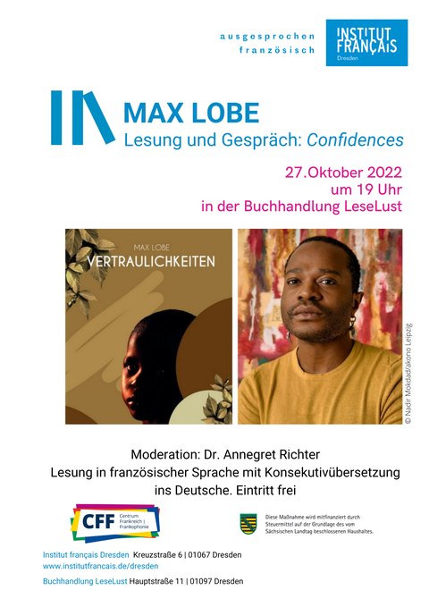 Plakat zur Lesung von Max Lobe über sein Buch "Vertraulichkeiten" am 27.10.22 in Dresden
