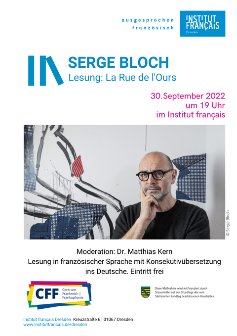 Plakat anlässlich von „Serge Bloch – Lesung: La Rue de l‘‘Ours“ (Die Bären der Rue de l’Ours) am 30.09.2022 im Institut français Dresden.