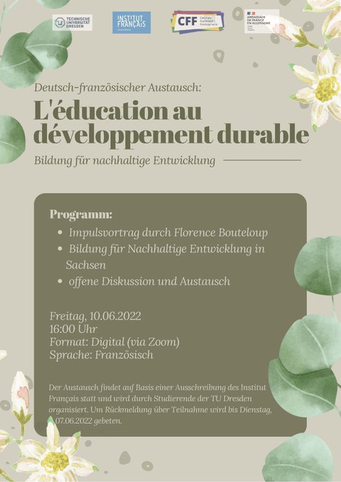 Flyer zur Ankündigung der deutsch-französischen Online-Diskussion rund um das Thema „Bildung zur nachhaltigen Entwicklung / Éducation au développement durable“ am 10. Juni 2022, Seite 1