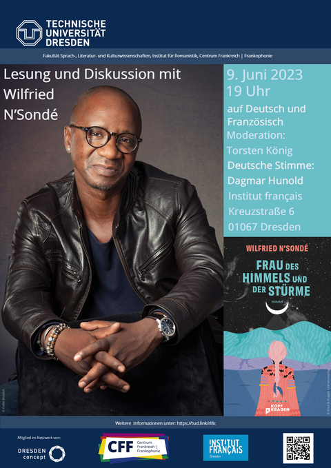 Poster on the occasion of the reading and discussion of “Frau des Himmels und der Stürme" (Woman of the Sky and the Storms) with Wilfried N’Sondé on June 9, 2023, at the Institut français Dresden.