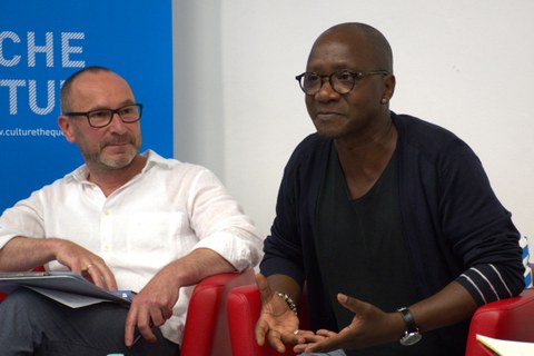 Photo 15 on the occasion of the reading and discussion of “Frau des Himmels und der Stürme" (Woman of the Sky and the Storms) with Wilfried N’Sondé on June 9, 2023, at the Institut français Dresden.