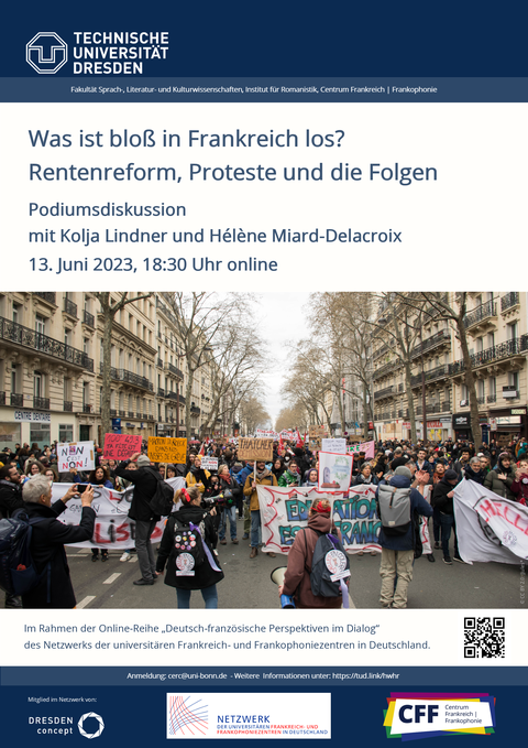 Plakat zur Podiumsdiskussion zu den Protesten zur Rentenreform in Frankreich