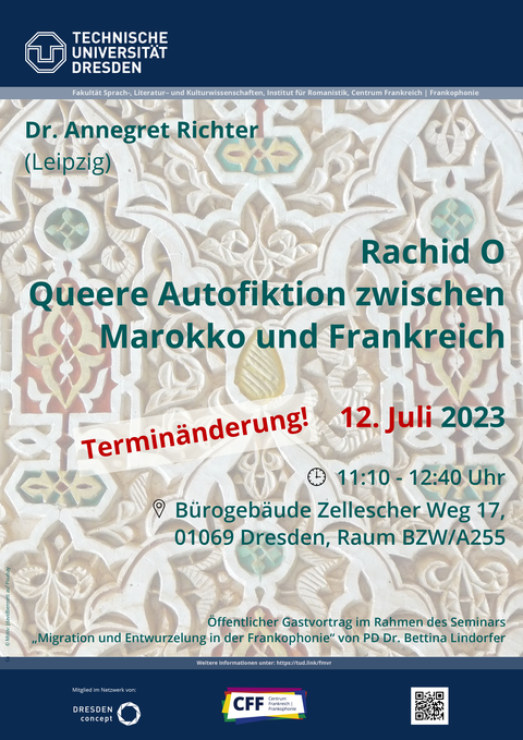 Plakat zum Vortrag von Dr. Annegret Richter (Leipzig) "Rachid O - Queere Autofiktion zwischen Marokko und Frankreich" am 12.07.2023