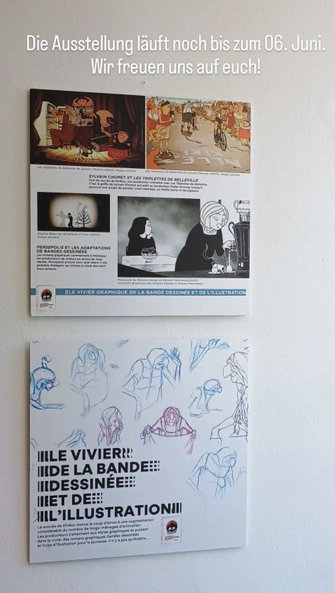 Foto von der Bilderhängung der Ausstellung "Le cinéma d'animation - la French touch", organisiert vom IF Sachsen und ARTE in Kooperation mit dem CFF, im Rahmen der Französischen Filmtage des PK Ost, 16.05.-06.06.24