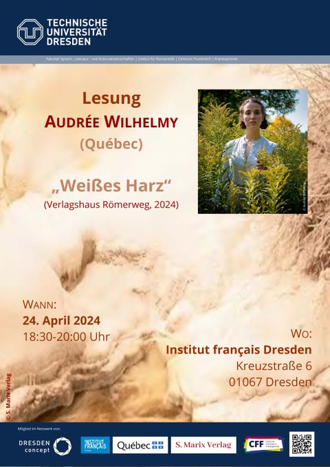 Plakat Lesung Audrée Wilhelmy am 24. April 2024
