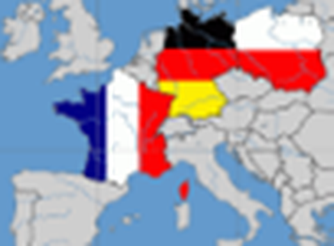 Ausschnitt der Weltkarte (nur Umrisse der Länder und Flüsse), worin die drei Länder des Weimarer Dreieck (Frankreich, Deutschland, Polen) mit den Farben der Staatsflaggen gefüllt sind.