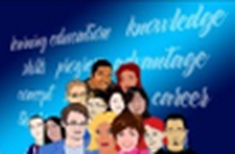 Freies farbiges Bild, blauer Hintergrund Vorn ist eine Personengruppe dargestellt. Hinter der Personengruppe stehen mehrere Begriffe zu den Themen Karriere, Berufsweg, Studium