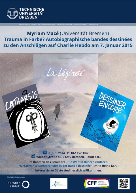 Plakat zur Ankündigung des Gastvortrages "Trauma in Farbe? Autobiographische bandes dessinées zu den Anschlägen auf Charlie Hebdo am 7. Januar 2015" von Myriam Macé (Universität Bremen) am 6. Juni 2024