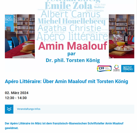 Screenshot of the poster for the “Literary Reception: On Amin Maalouf with Torsten König” on March 2, 2024, at the Institut français Dresden.