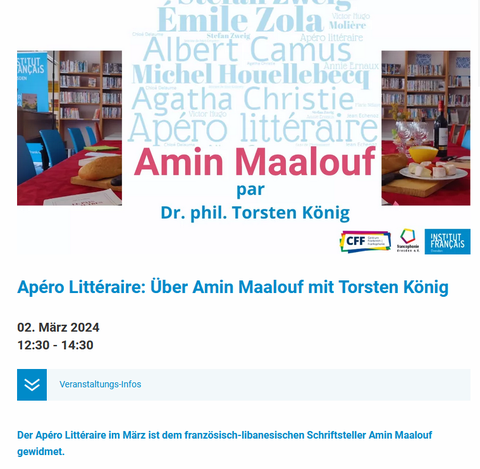 Screenshot der Ankündigung von "Apéro littéraire: Über Amin Maalouf mit Torsten König von der Webseite des IF Dresden