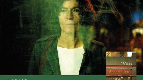 Plakat anlässlich der Lesung "Bannmeilen" von Anne Weber am 23.04.2024 in der Zentralbibliothek der Städtischen Bibliotheken Dresden.