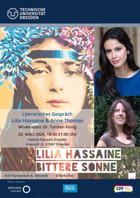 Poster on the occasion of the literary discussion with author Lilia Hassaine of “Bittere Sonne” (Bitter sun) and her translator Anne Thomas, held as part of French Language and Francophonie Week on March 12, 2024, at the Institut français Dresden.