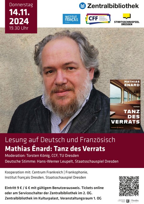 Plakat anlässlich der Lesung auf Deutsch und Französisch von Mathias Énard: Tanz des Verrats am 14.11.2024 in der Zentralbibliothek Dresden.